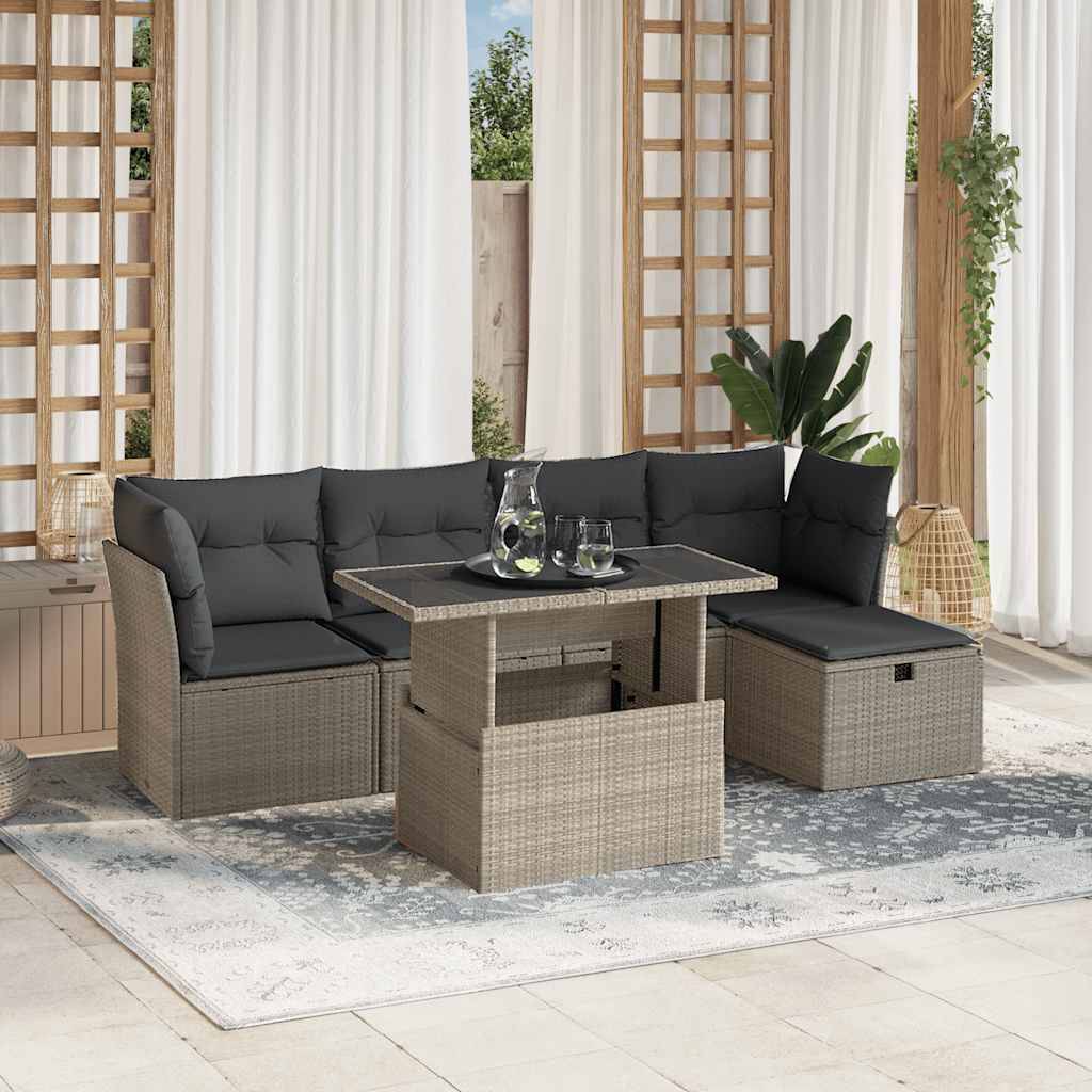 vidaXL 6-tlg. Garten-Sofagarnitur mit Kissen Hellgrau Poly Rattan