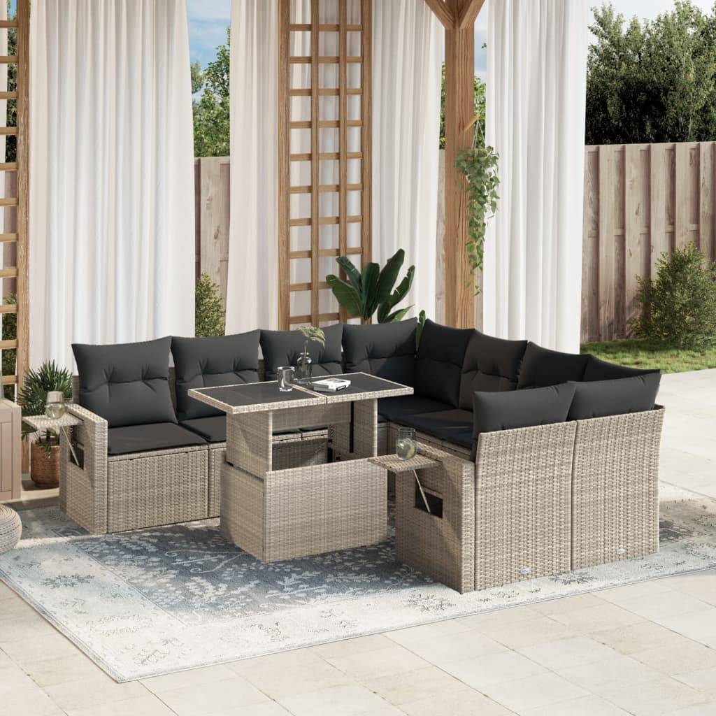 vidaXL 9-tlg. Garten-Sofagarnitur mit Kissen Hellgrau Poly Rattan