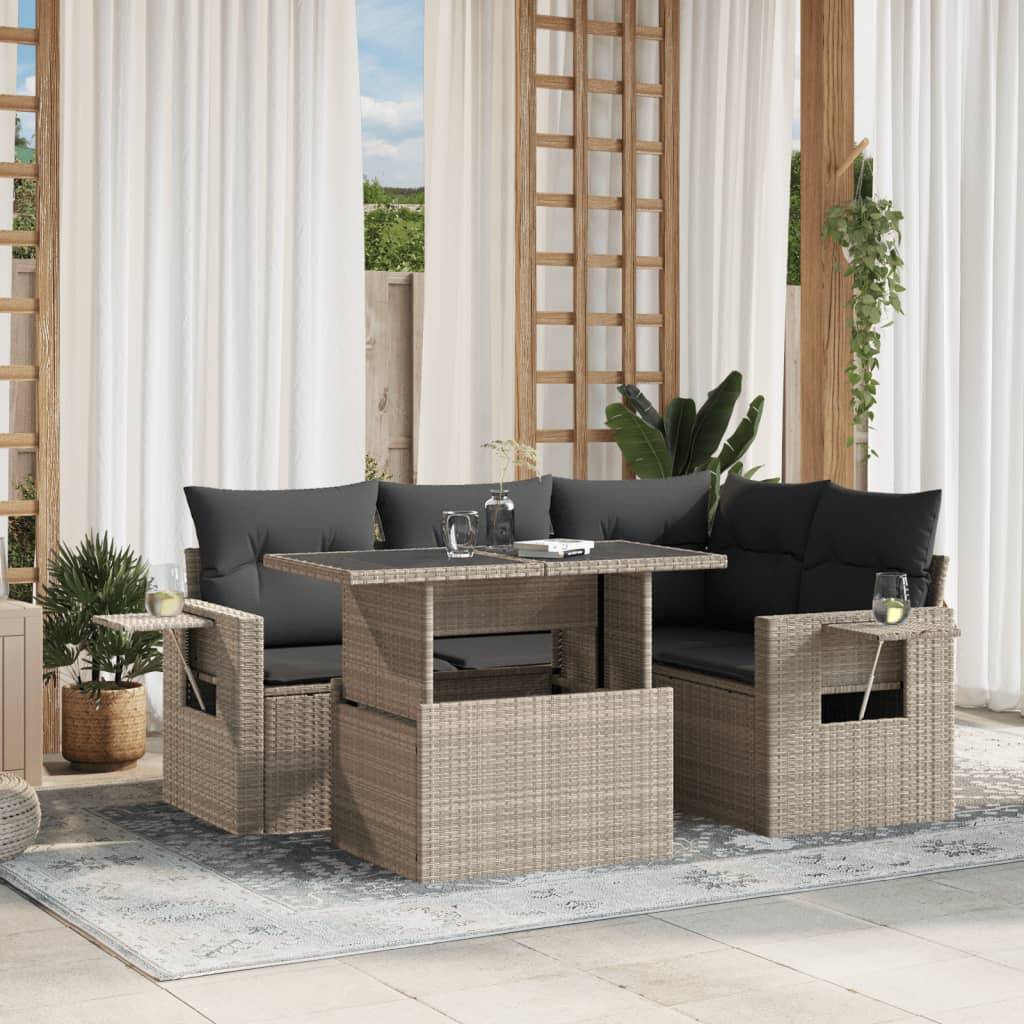 vidaXL 5-tlg. Garten-Sofagarnitur mit Kissen Hellgrau Poly Rattan