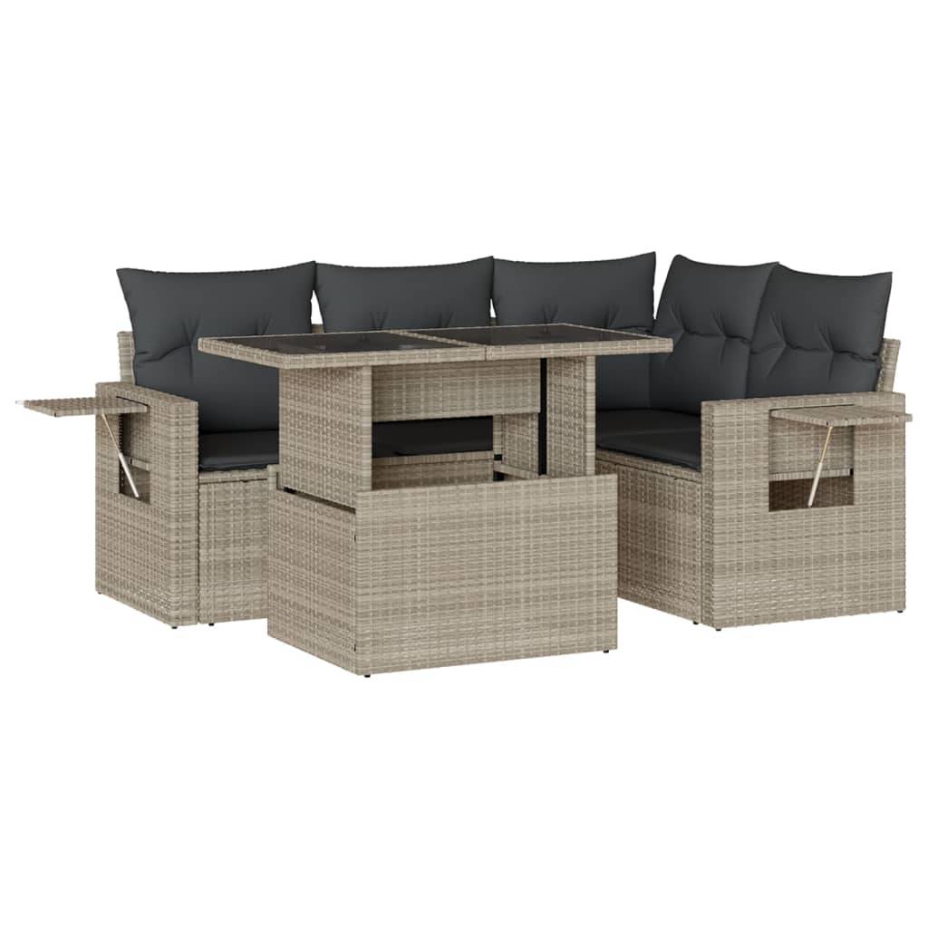 vidaXL 5-tlg. Garten-Sofagarnitur mit Kissen Hellgrau Poly Rattan