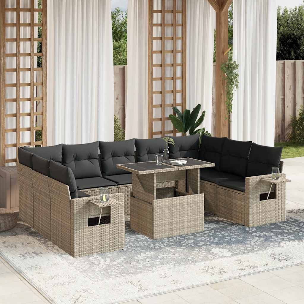 vidaXL 10-tlg. Garten-Sofagarnitur mit Kissen Hellgrau Poly Rattan