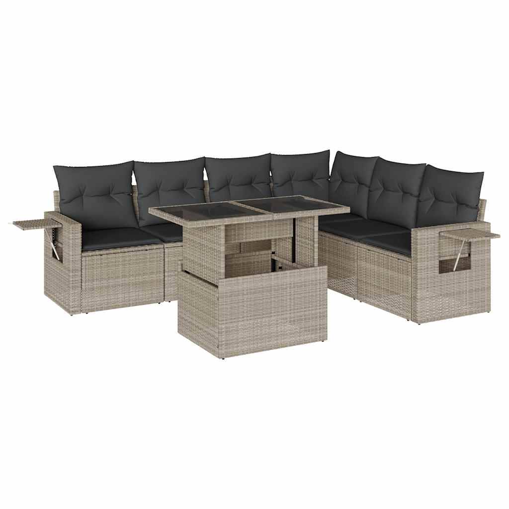 vidaXL 7-tlg. Garten-Sofagarnitur mit Kissen Hellgrau Poly Rattan