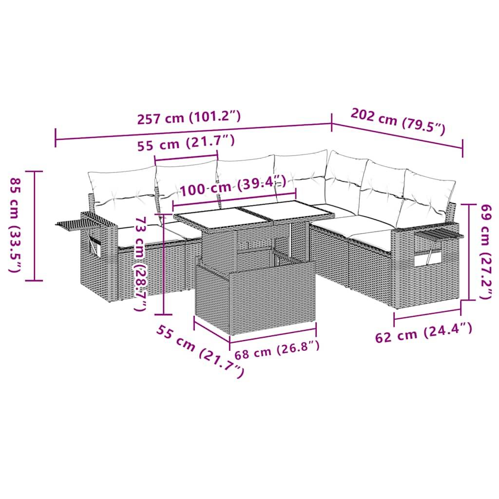 vidaXL 7-tlg. Garten-Sofagarnitur mit Kissen Hellgrau Poly Rattan