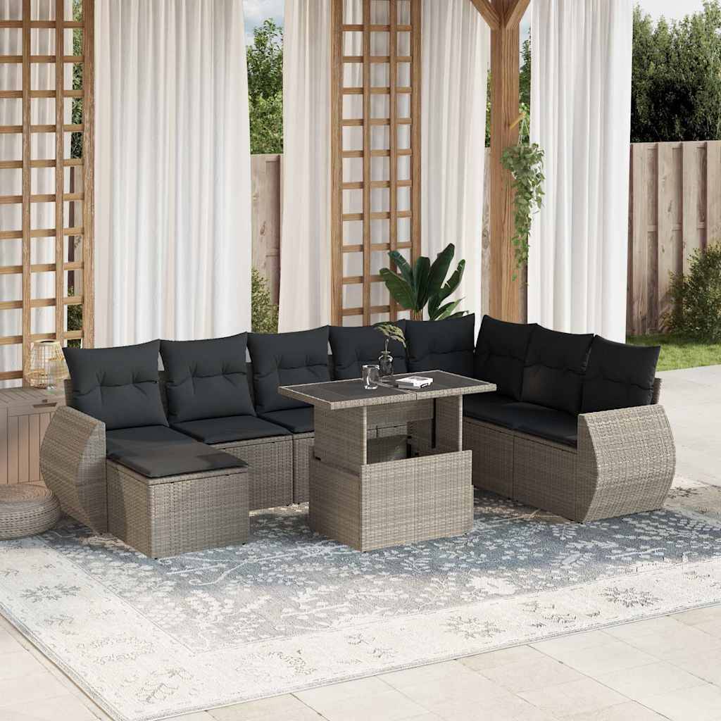 vidaXL 9-tlg. Garten-Sofagarnitur mit Kissen Hellgrau Poly Rattan