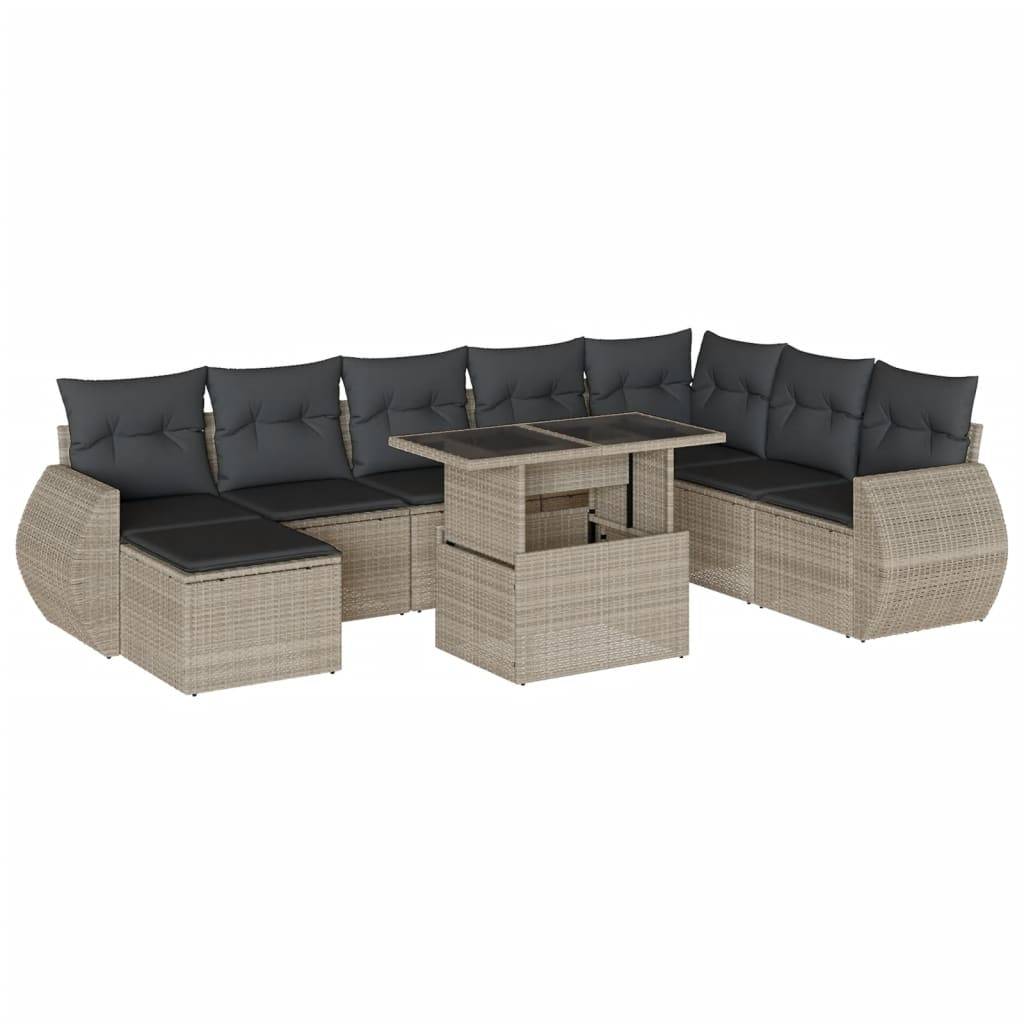 vidaXL 9-tlg. Garten-Sofagarnitur mit Kissen Hellgrau Poly Rattan
