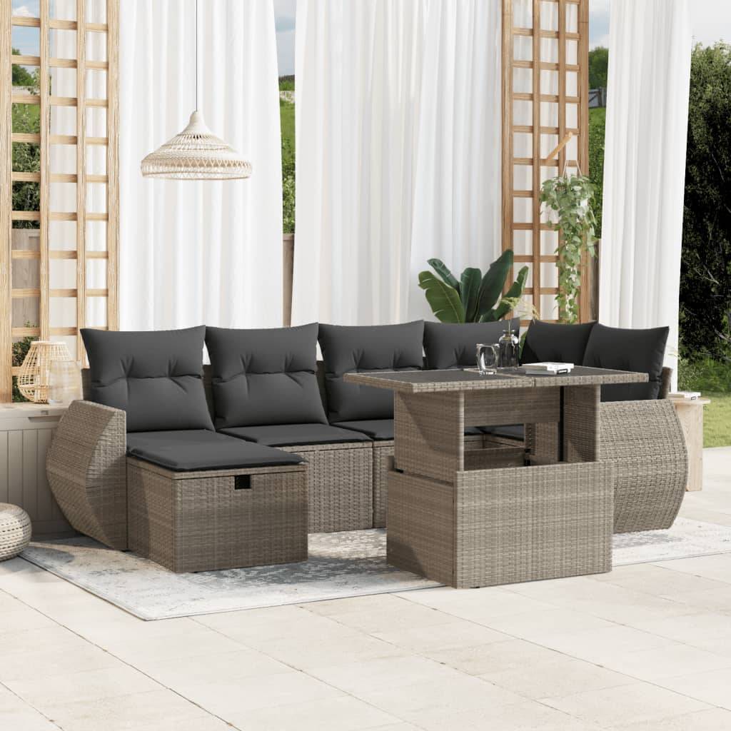 vidaXL 7-tlg. Garten-Sofagarnitur mit Kissen Hellgrau Poly Rattan