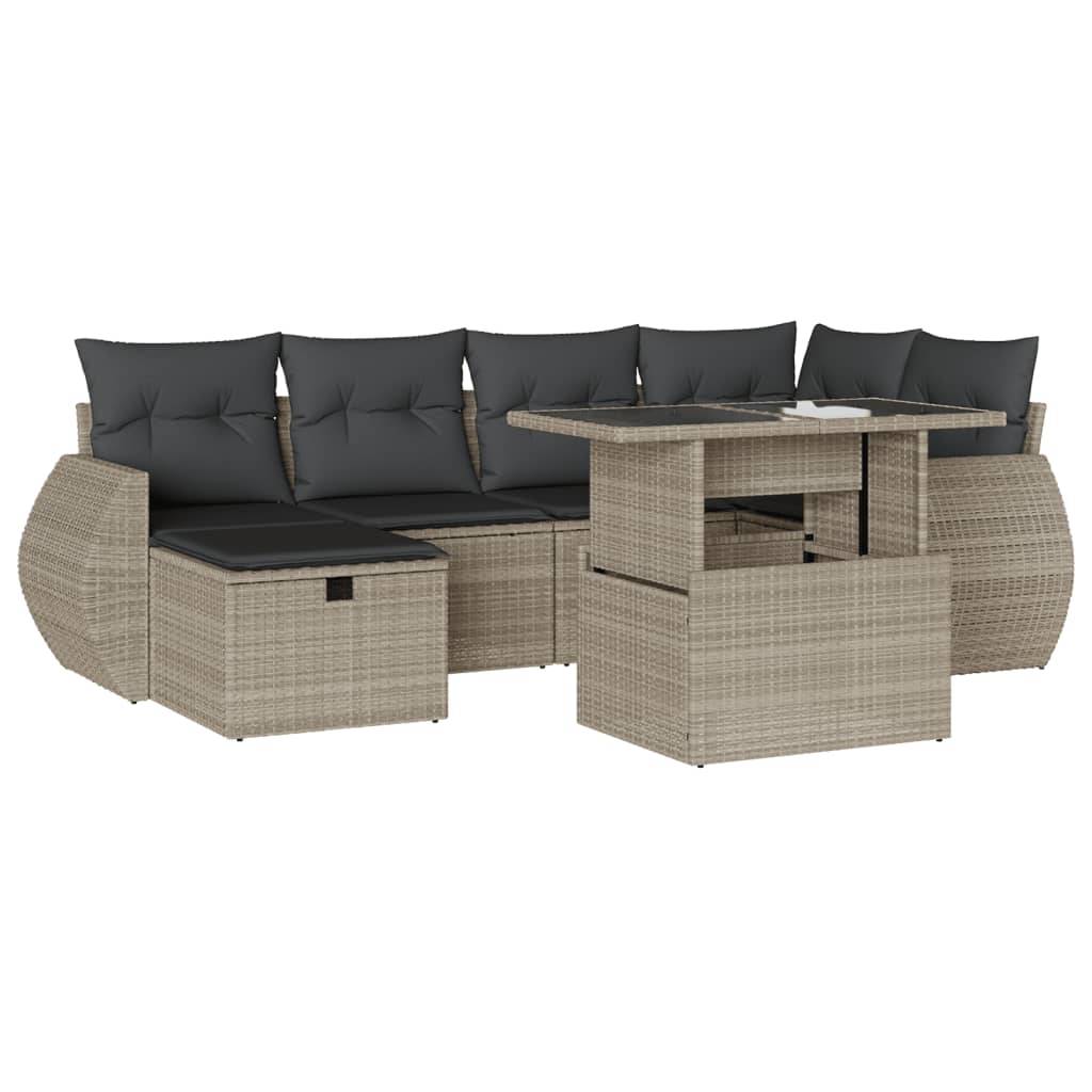 vidaXL 7-tlg. Garten-Sofagarnitur mit Kissen Hellgrau Poly Rattan