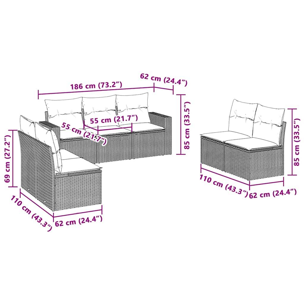 vidaXL 7-tlg. Garten-Sofagarnitur mit Kissen Hellgrau Poly Rattan