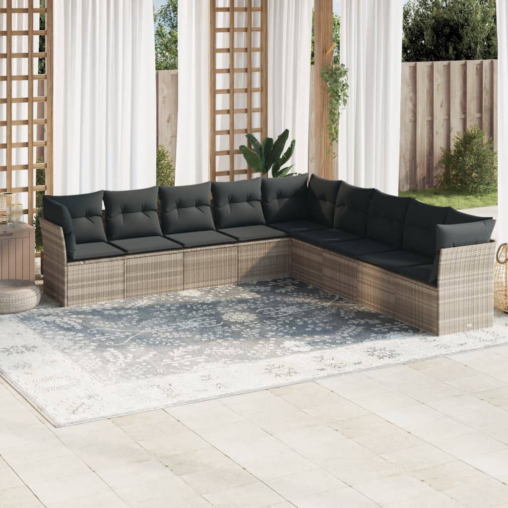 vidaXL 9-tlg. Garten-Sofagarnitur mit Kissen Hellgrau Poly Rattan