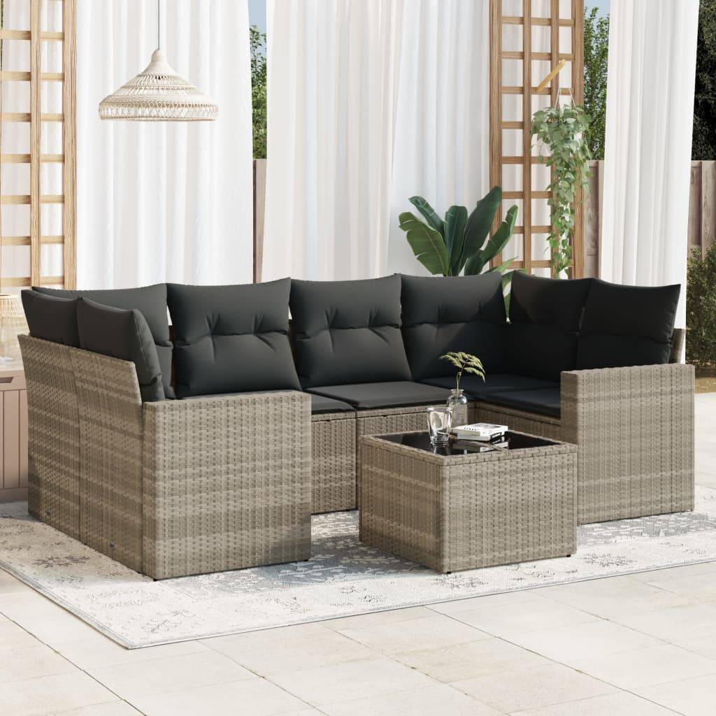 vidaXL 7-tlg. Garten-Sofagarnitur mit Kissen Hellgrau Poly Rattan