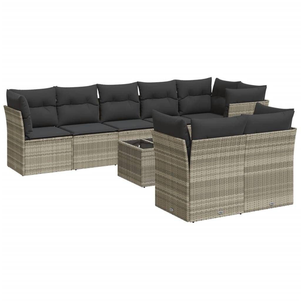 vidaXL 9-tlg. Garten-Sofagarnitur mit Kissen Hellgrau Poly Rattan