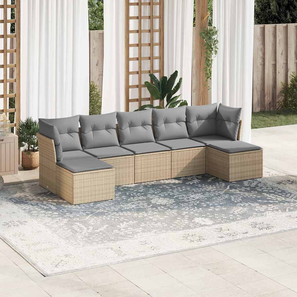 vidaXL 7-tlg. Garten-Sofagarnitur mit Kissen Hellgrau Poly Rattan