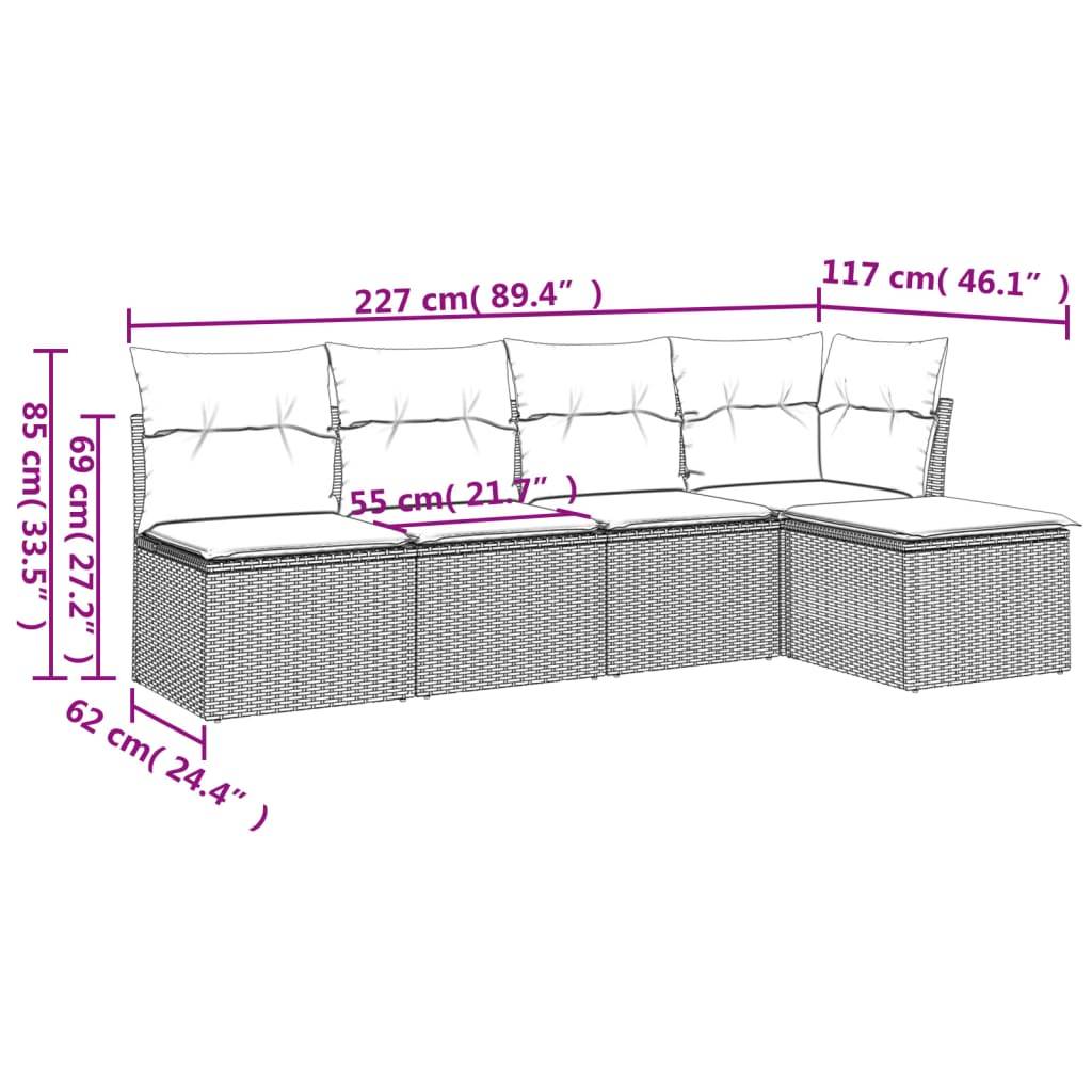 vidaXL 5-tlg. Garten-Sofagarnitur mit Kissen Hellgrau Poly Rattan
