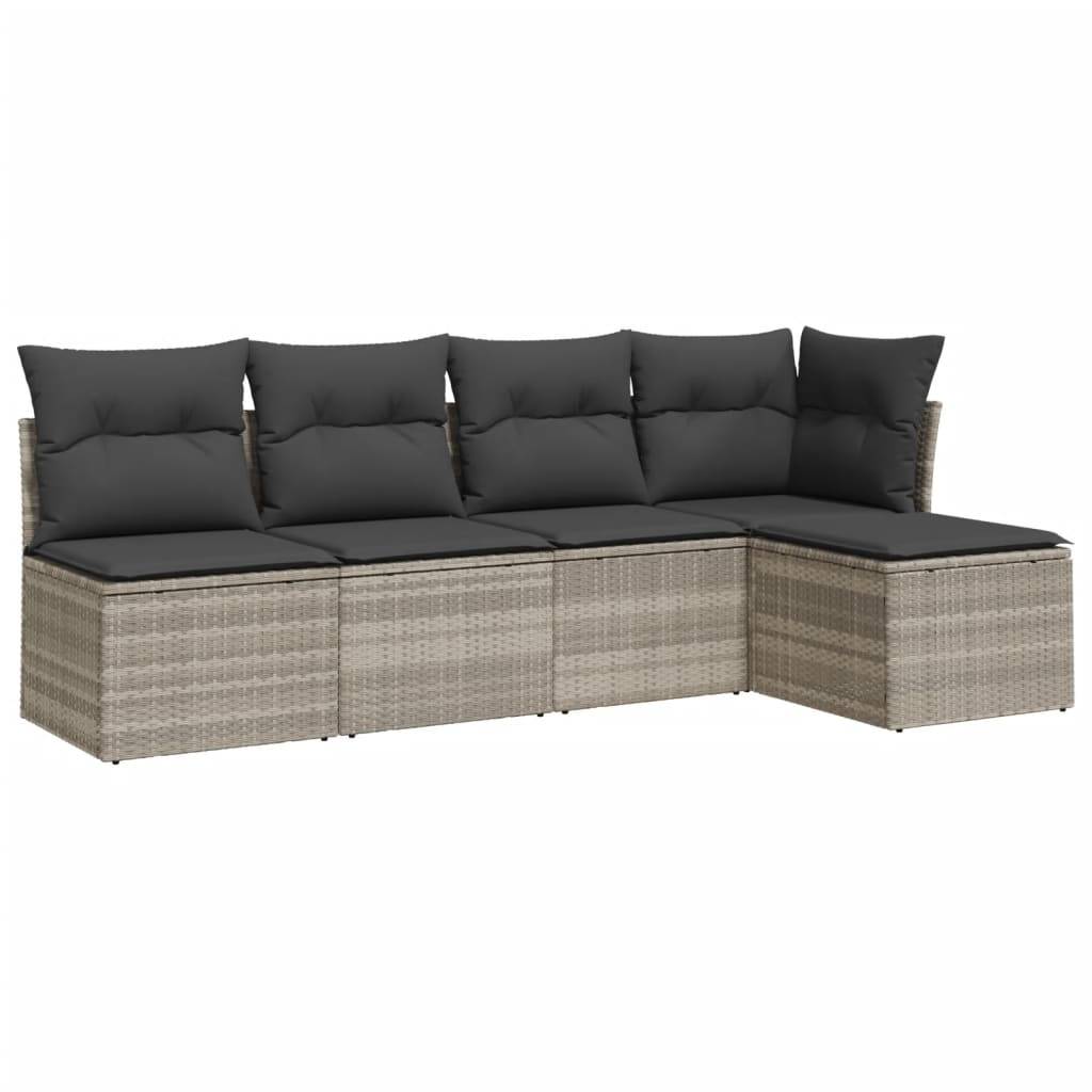 vidaXL 5-tlg. Garten-Sofagarnitur mit Kissen Hellgrau Poly Rattan