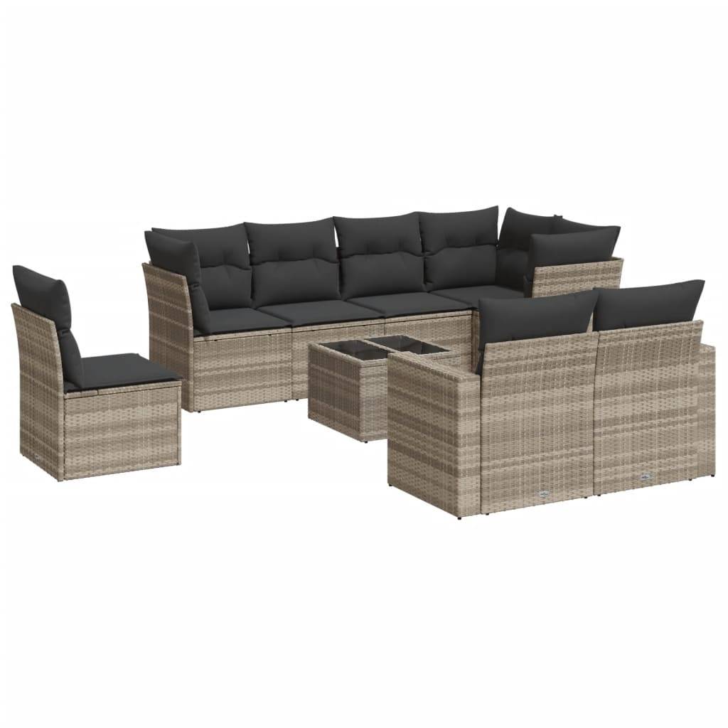 vidaXL 9-tlg. Garten-Sofagarnitur mit Kissen Hellgrau Poly Rattan