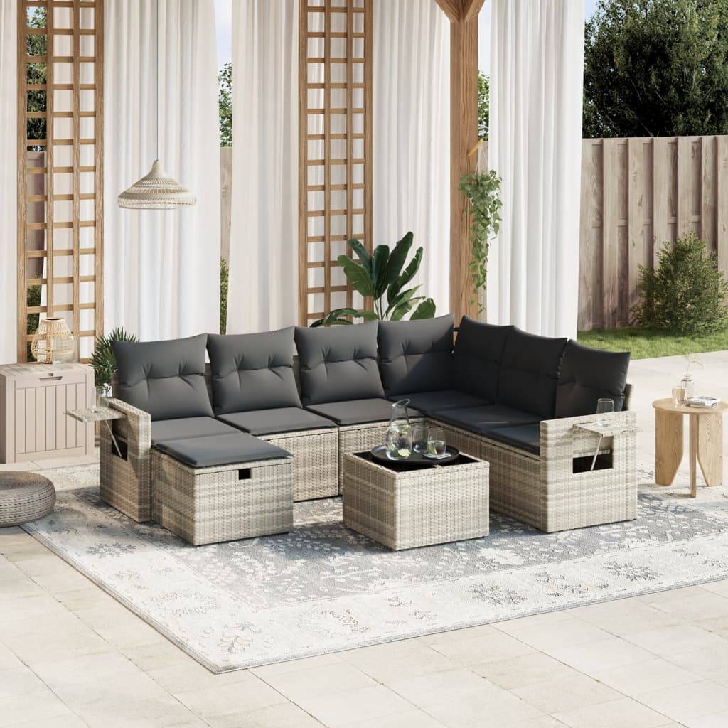vidaXL 8-tlg. Garten-Sofagarnitur mit Kissen Hellgrau Poly Rattan