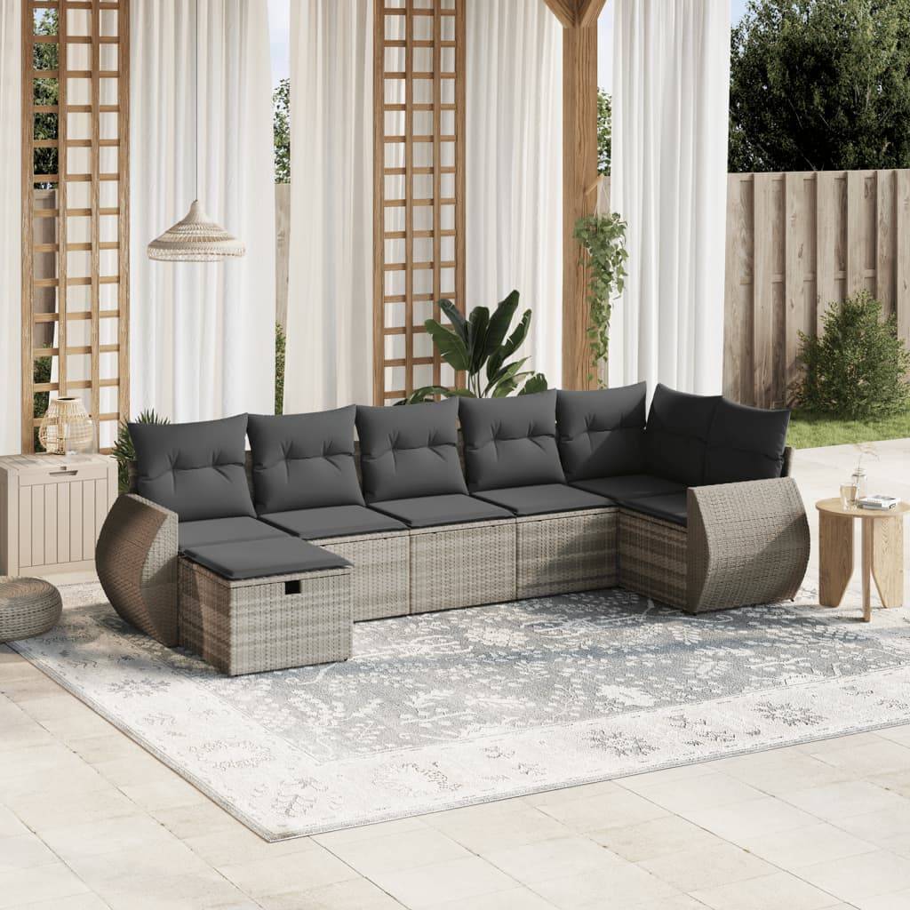 vidaXL 7-tlg. Garten-Sofagarnitur mit Kissen Hellgrau Poly Rattan
