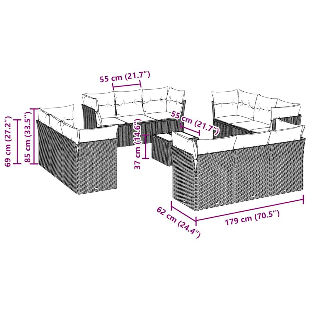 vidaXL 13-tlg. Garten-Sofagarnitur mit Kissen Hellgrau Poly Rattan