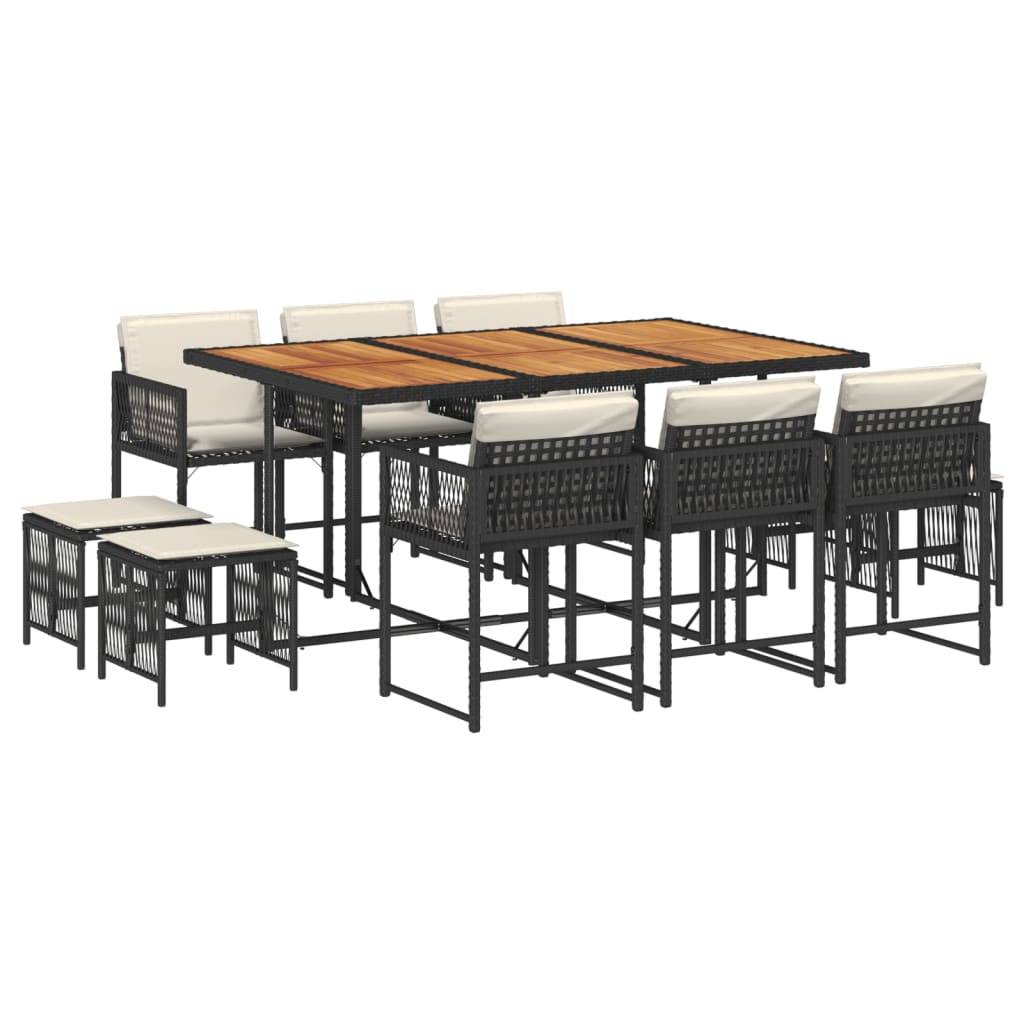 vidaXL 11-tlg. Garten-Essgruppe mit Kissen Schwarz Poly Rattan