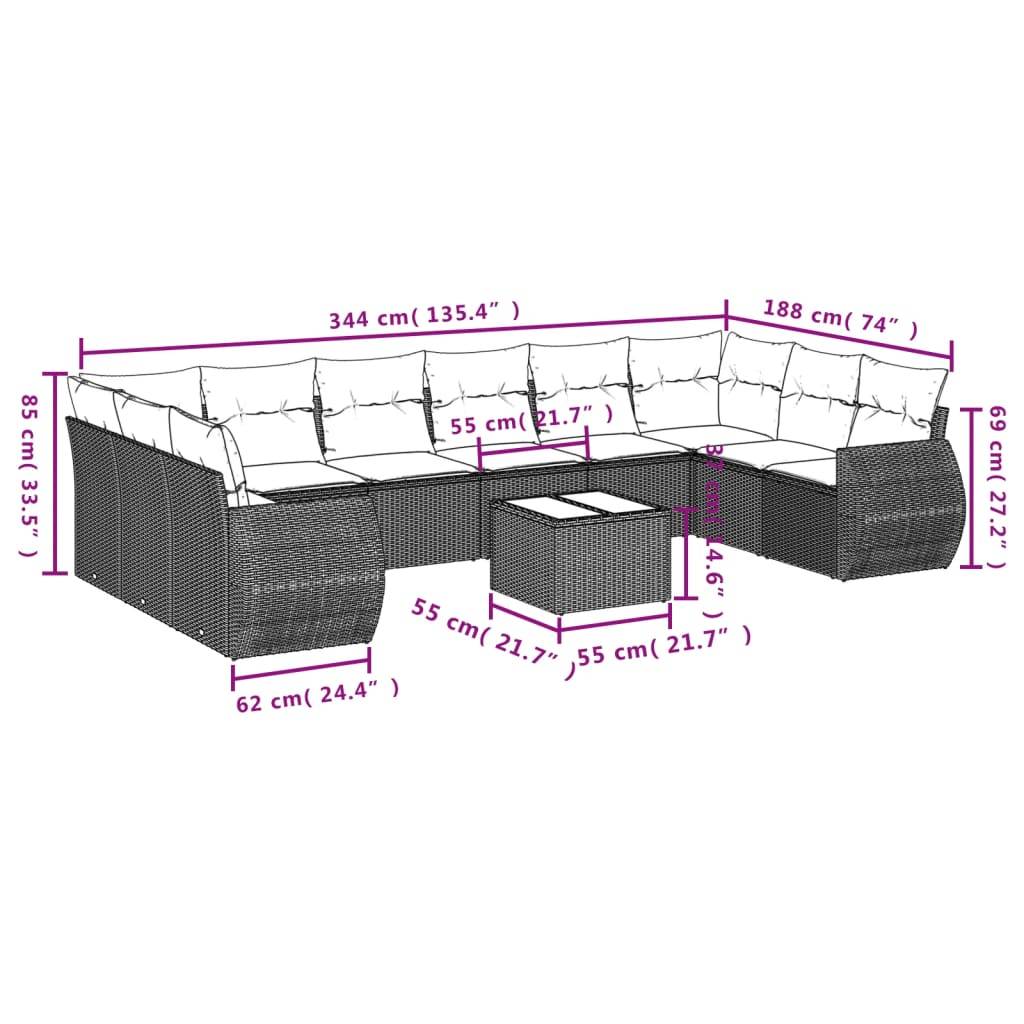 vidaXL 10-teiliges Gartensofa-Set mit Kissen, grau, Polyrattan