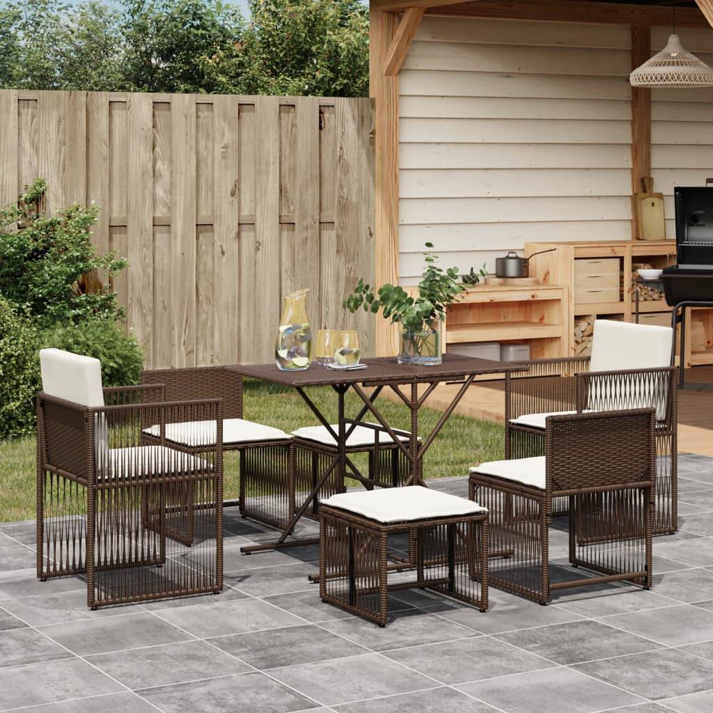 vidaXL 7-tlg. Garten-Essgruppe mit Kissen Braun Poly Rattan