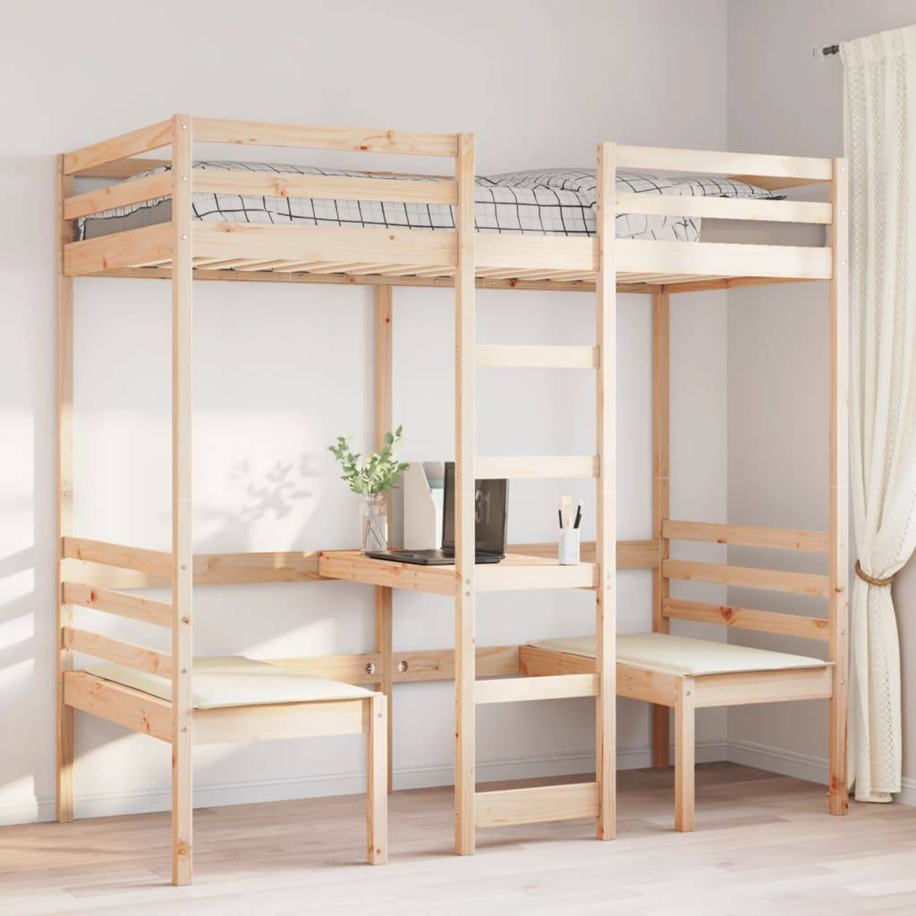 vidaXL Hochbett mit Schreibtisch & Stühlen 90x190 cm Massivholz Kiefer