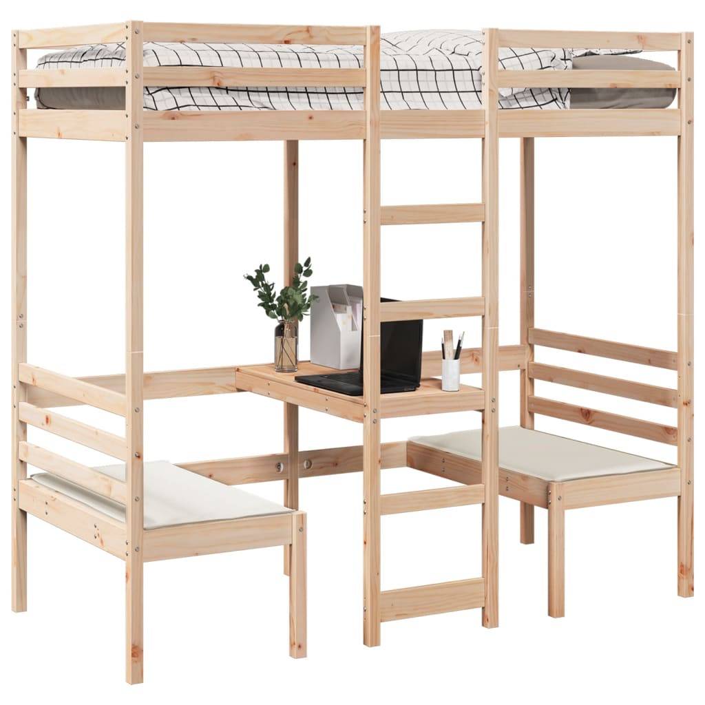 vidaXL Hochbett mit Schreibtisch & Stühlen 90x190 cm Massivholz Kiefer