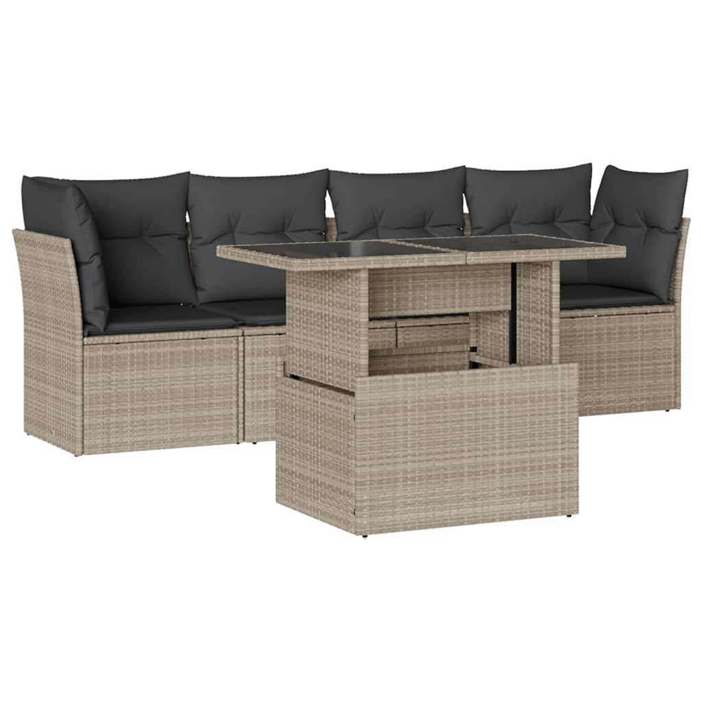 vidaXL 5-tlg. Garten-Sofagarnitur mit Kissen Hellgrau Poly Rattan