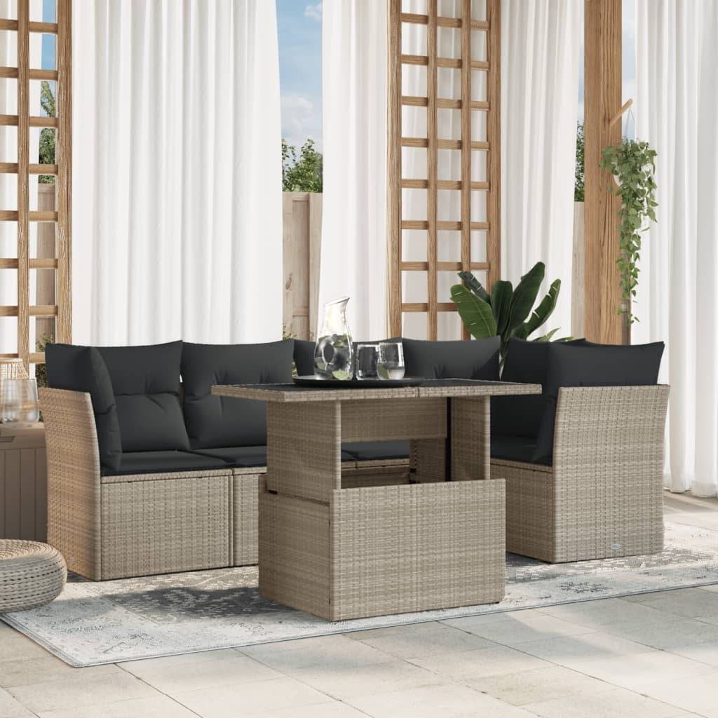 vidaXL 6-tlg. Garten-Sofagarnitur mit Kissen Hellgrau Poly Rattan