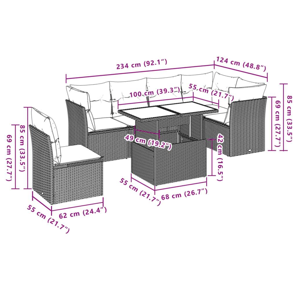 vidaXL 7-tlg. Garten-Sofagarnitur mit Kissen Hellgrau Poly Rattan