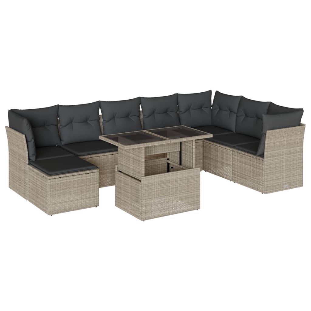 vidaXL 9-tlg. Garten-Sofagarnitur mit Kissen Hellgrau Poly Rattan