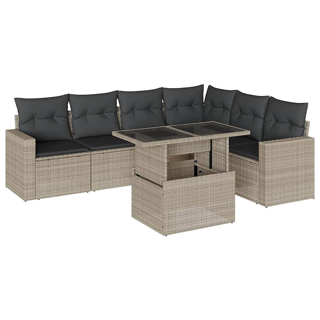 vidaXL 7-tlg. Garten-Sofagarnitur mit Kissen Hellgrau Poly Rattan