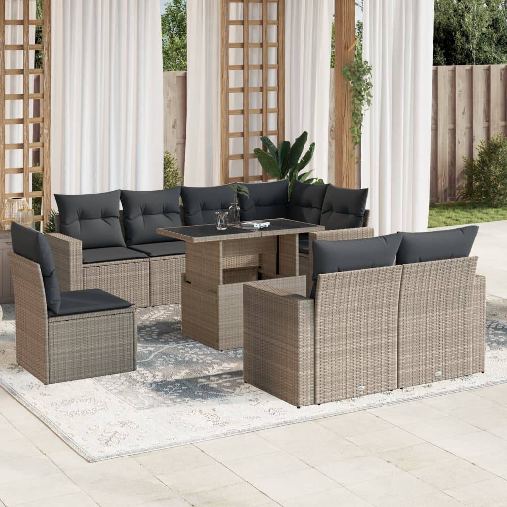 vidaXL 9-tlg. Garten-Sofagarnitur mit Kissen Hellgrau Poly Rattan