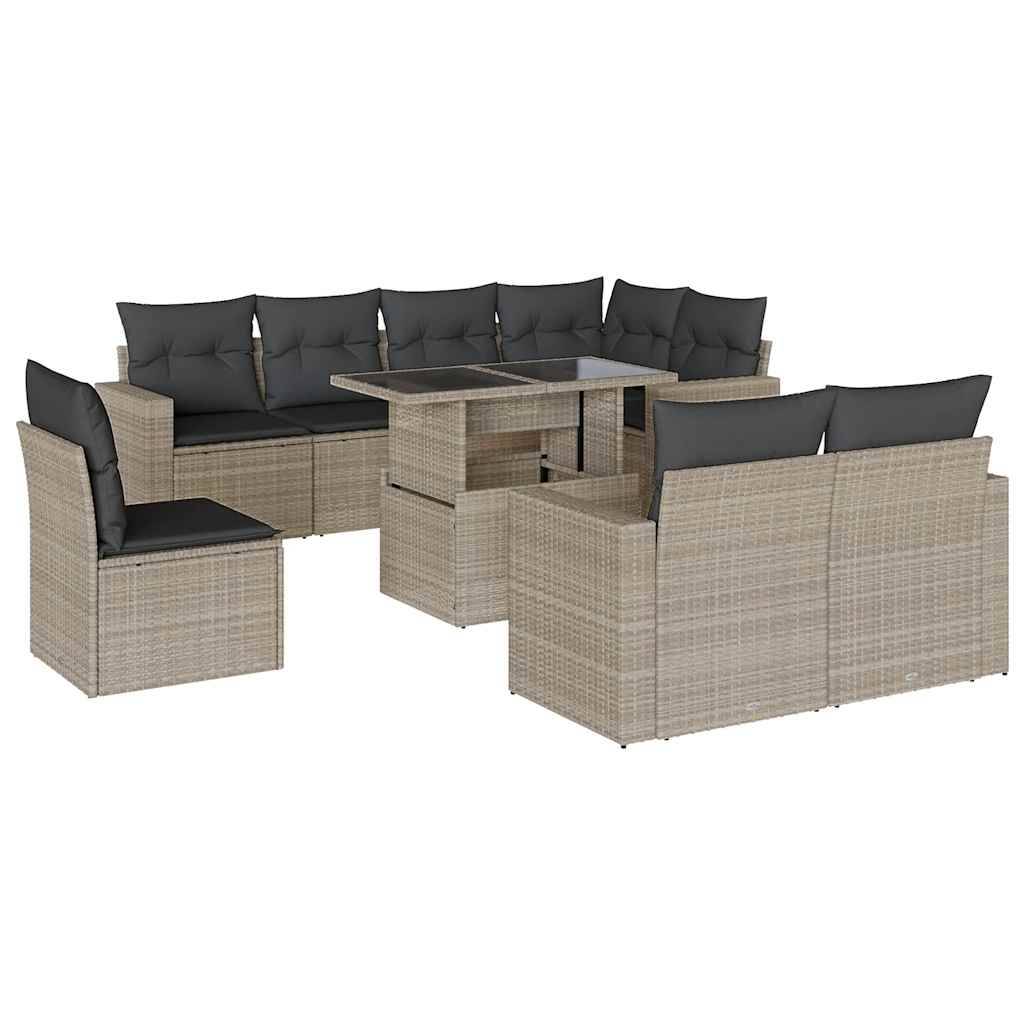 vidaXL 9-tlg. Garten-Sofagarnitur mit Kissen Hellgrau Poly Rattan