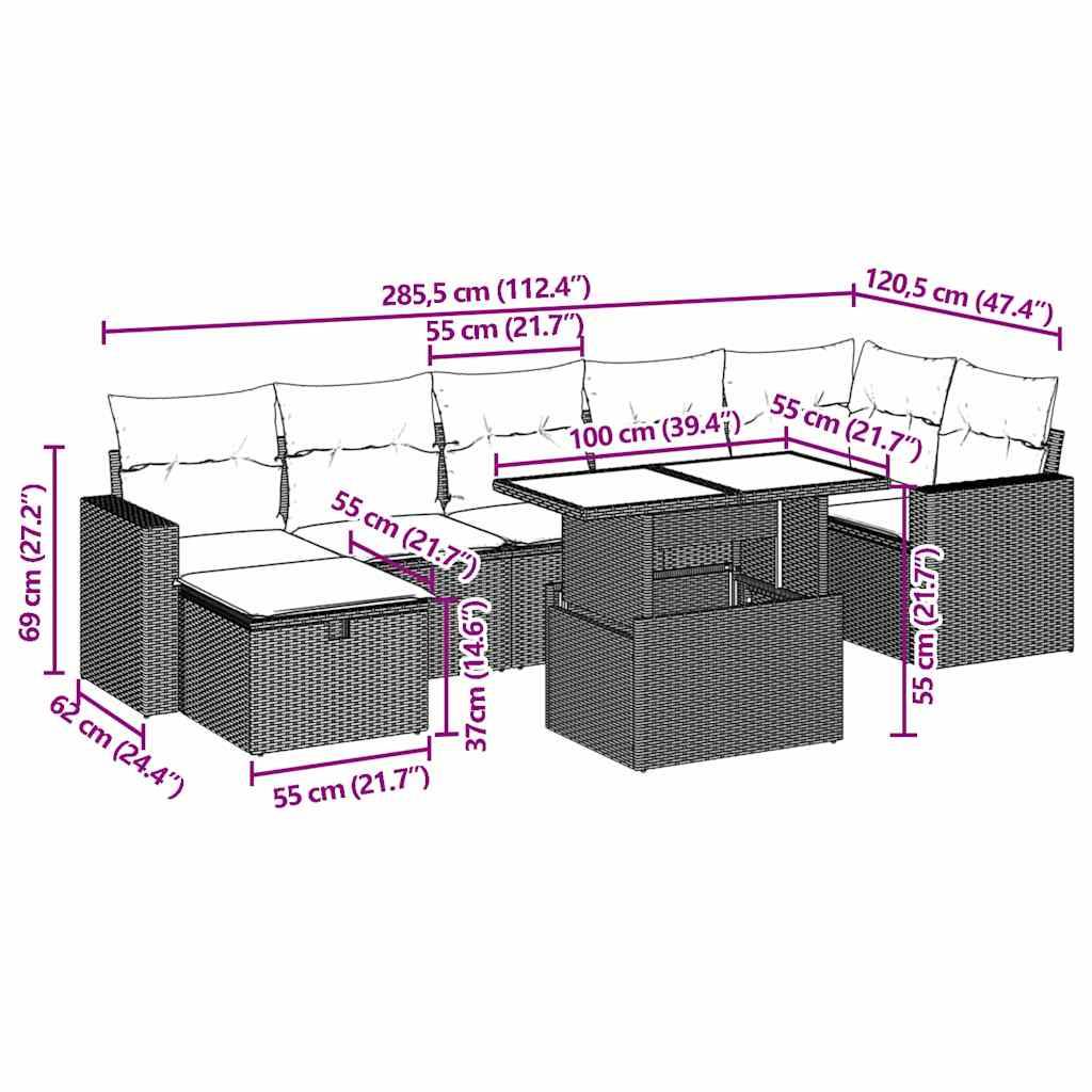 vidaXL 8-tlg. Garten-Sofagarnitur mit Kissen Hellgrau Poly Rattan