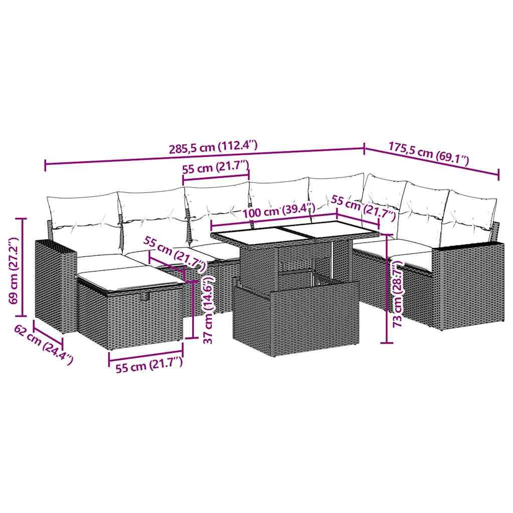 vidaXL 9-tlg. Garten-Sofagarnitur mit Kissen Hellgrau Poly Rattan
