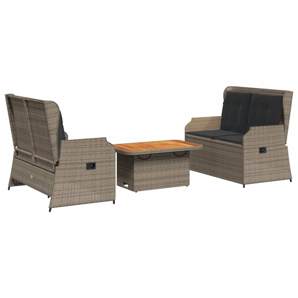 vidaXL 3-tlg. Garten-Lounge-Set mit Kissen Grau Poly Rattan