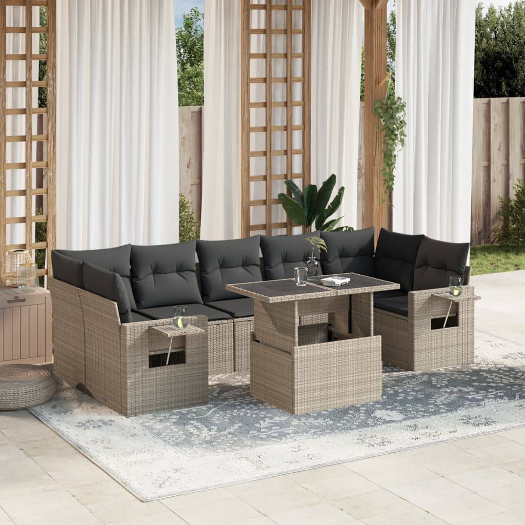 vidaXL 8-tlg. Garten-Sofagarnitur mit Kissen Hellgrau Poly Rattan