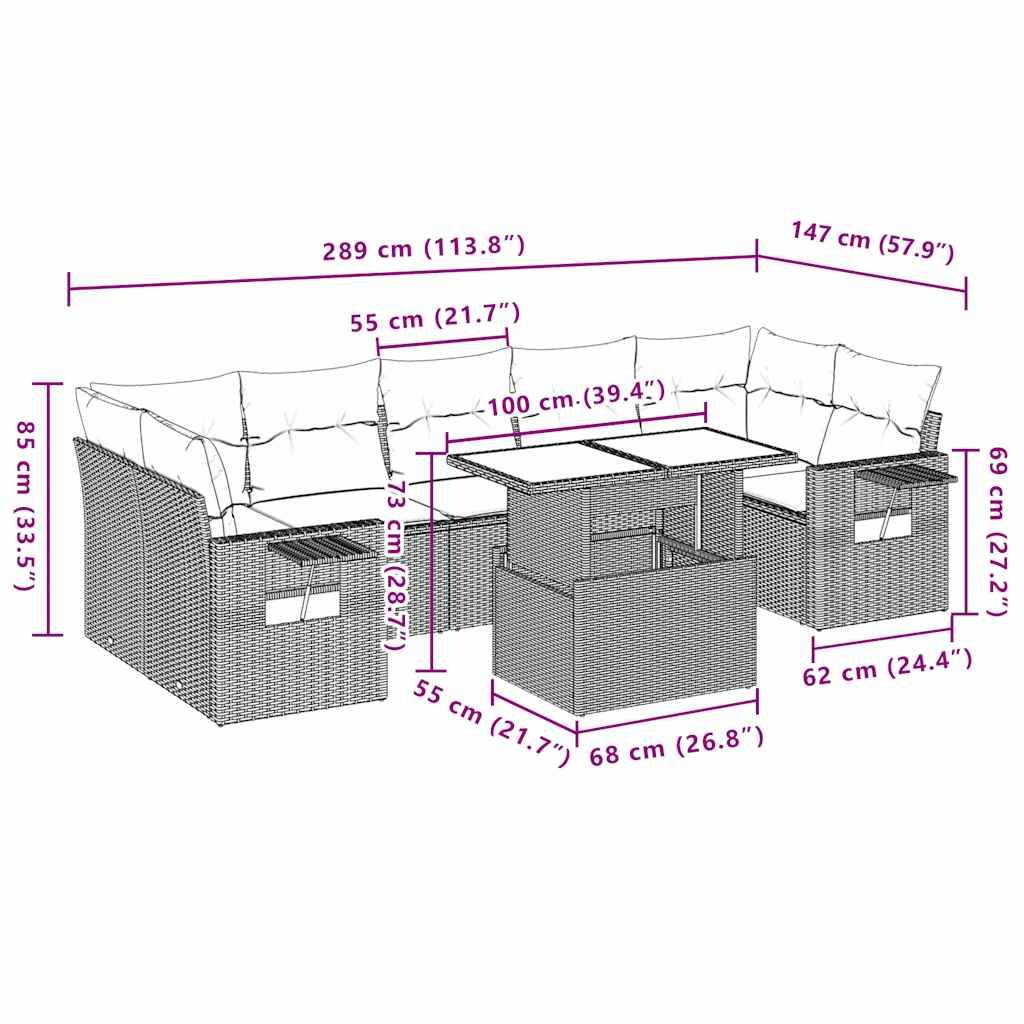 vidaXL 8-tlg. Garten-Sofagarnitur mit Kissen Hellgrau Poly Rattan