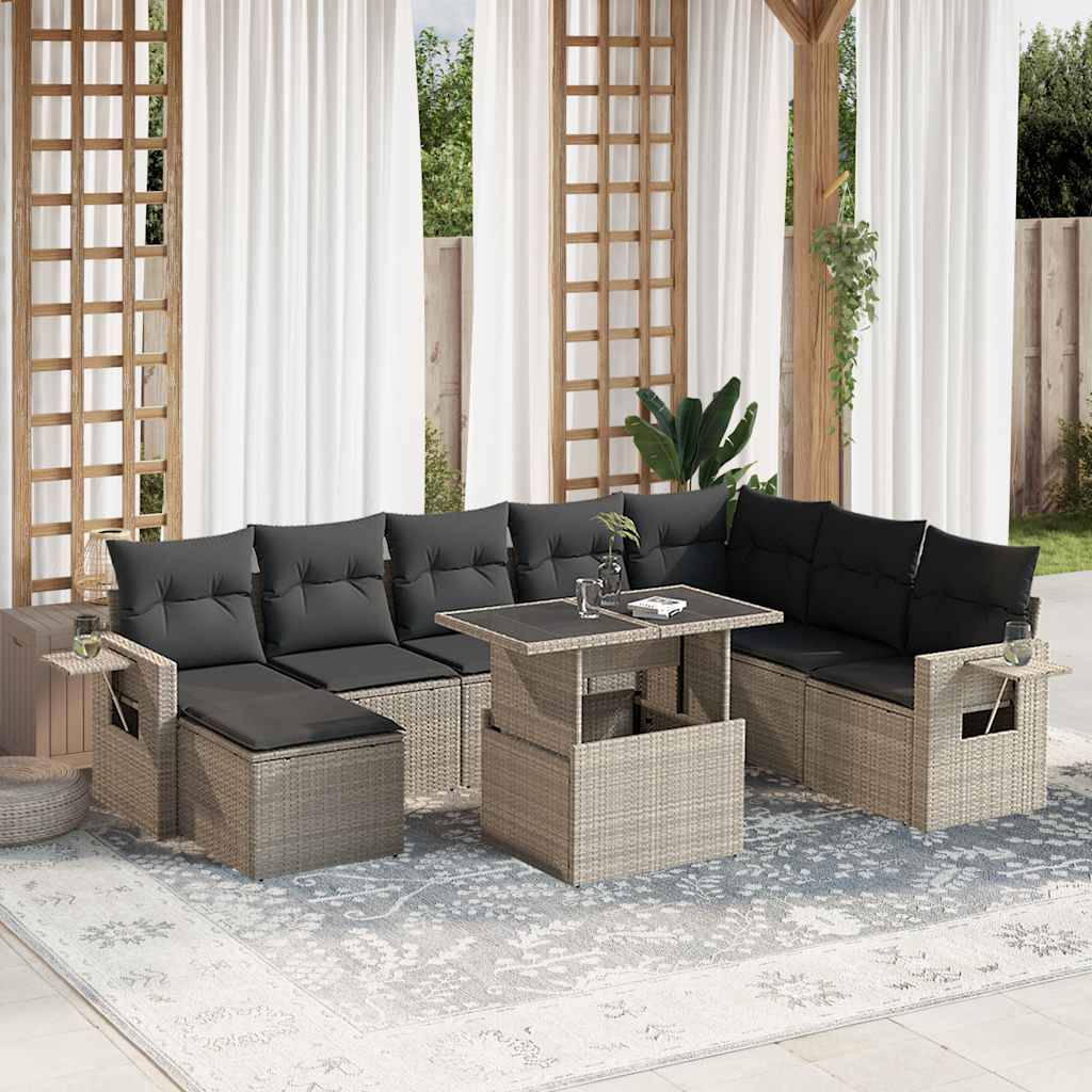 vidaXL 9-tlg. Garten-Sofagarnitur mit Kissen Hellgrau Poly Rattan