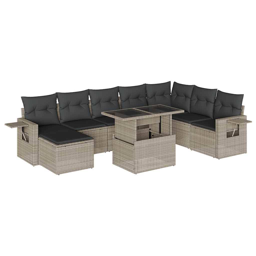 vidaXL 9-tlg. Garten-Sofagarnitur mit Kissen Hellgrau Poly Rattan