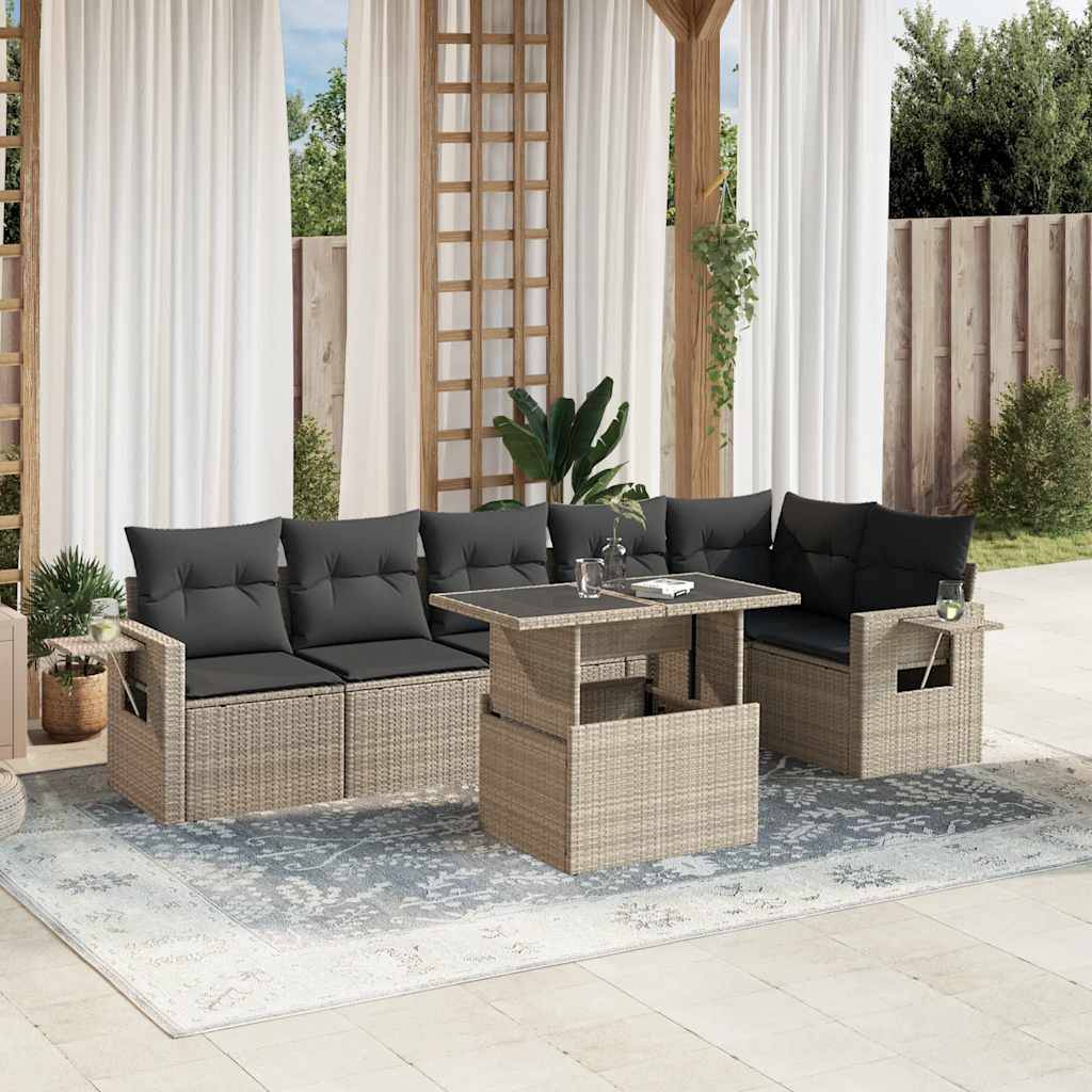 vidaXL 7-tlg. Garten-Sofagarnitur mit Kissen Hellgrau Poly Rattan