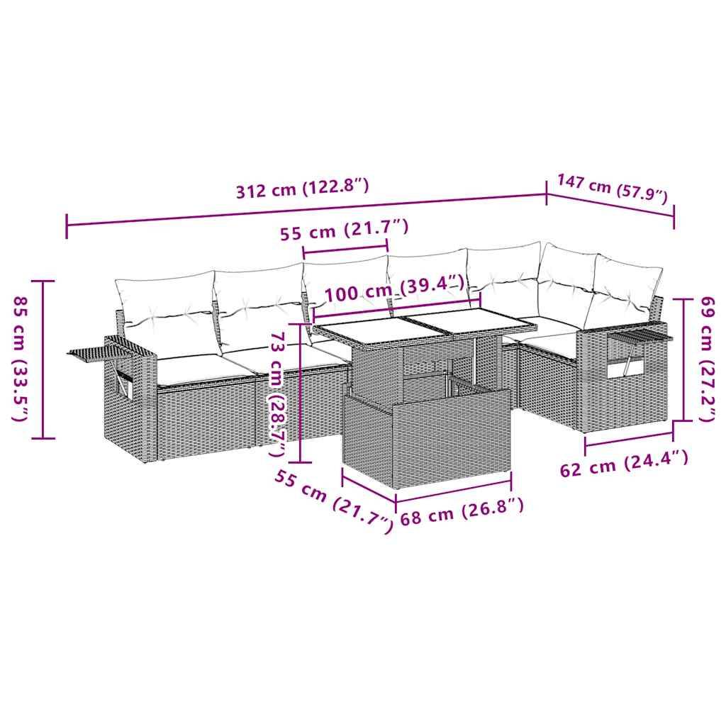 vidaXL 7-tlg. Garten-Sofagarnitur mit Kissen Hellgrau Poly Rattan