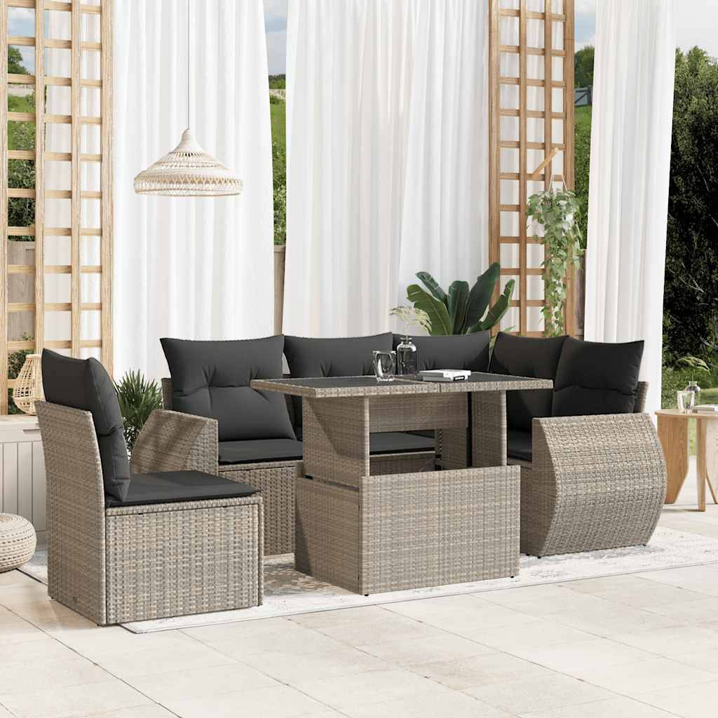 vidaXL 6-tlg. Garten-Sofagarnitur mit Kissen Hellgrau Poly Rattan