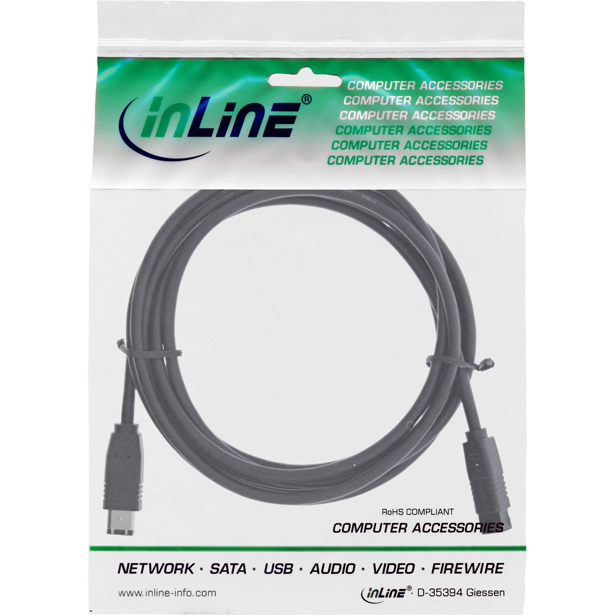 Verpacktes schwarzes USB-Kabel mit zwei Anschlüssen, gekennzeichnet mit inLine Computerzubehör und RoHS-konform.
