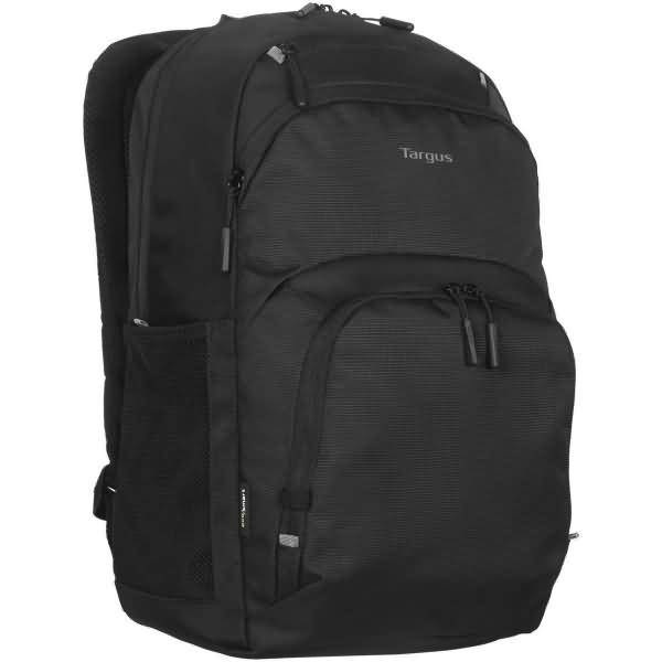 Schwarzer Targus-Rucksack mit mehreren Reißverschlussfächern und Seitentaschen, vor weißem Hintergrund abgebildet.