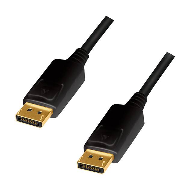 Duale schwarze DisplayPort-Kabel mit vergoldeten Steckern an beiden Enden, die zur Übertragung von Audio- und Videosignalen zwischen Geräten verwendet werden.
