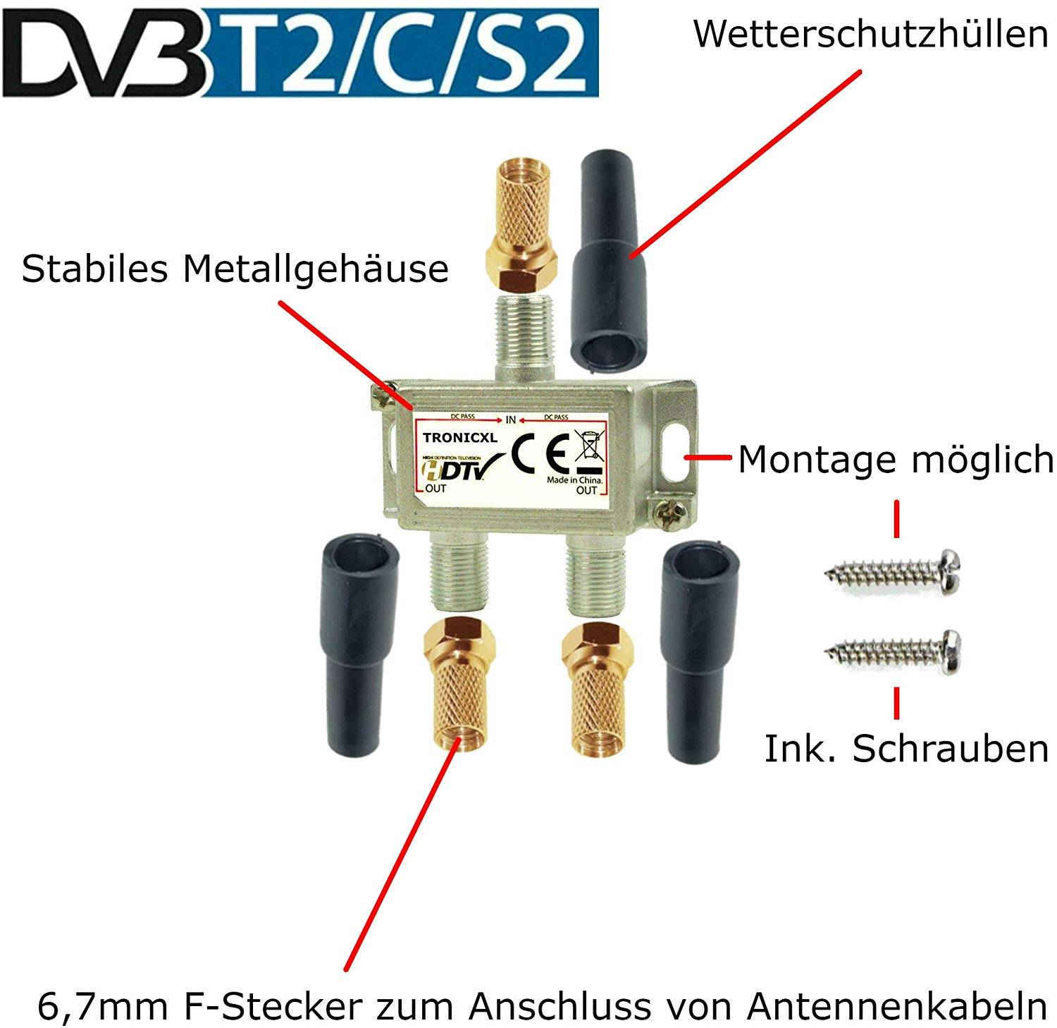Sat Splitter 2-Fach + Wetterschutz + F-Stecker TV Verteiler mit DC-Durchlass Weiche SAT Verteiler Fernsehen Fernseher