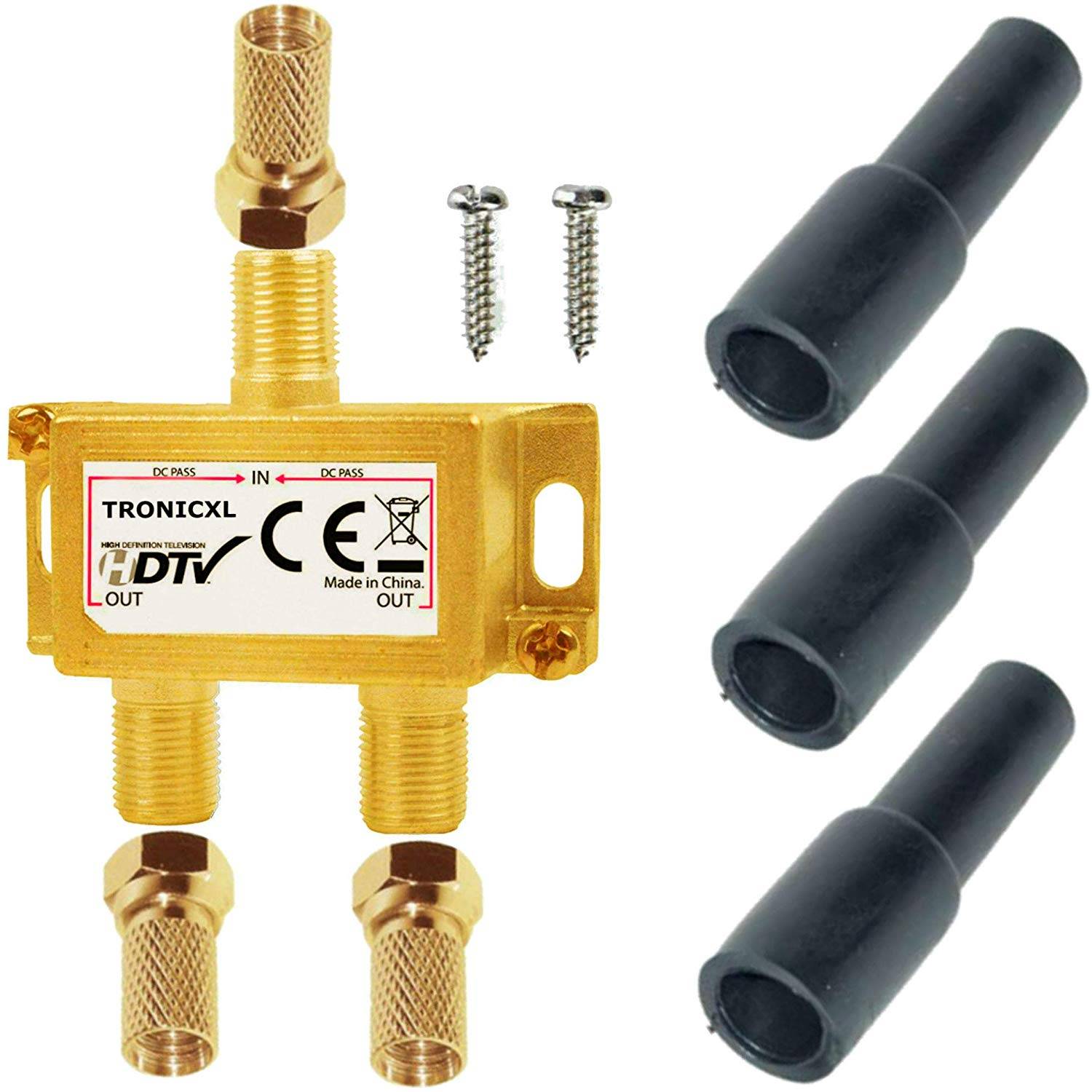 Sat Splitter 2-Fach + F-Stecker + Wetterschutz Kappe vergoldet SAT Verteiler Fernsehen Fernseher