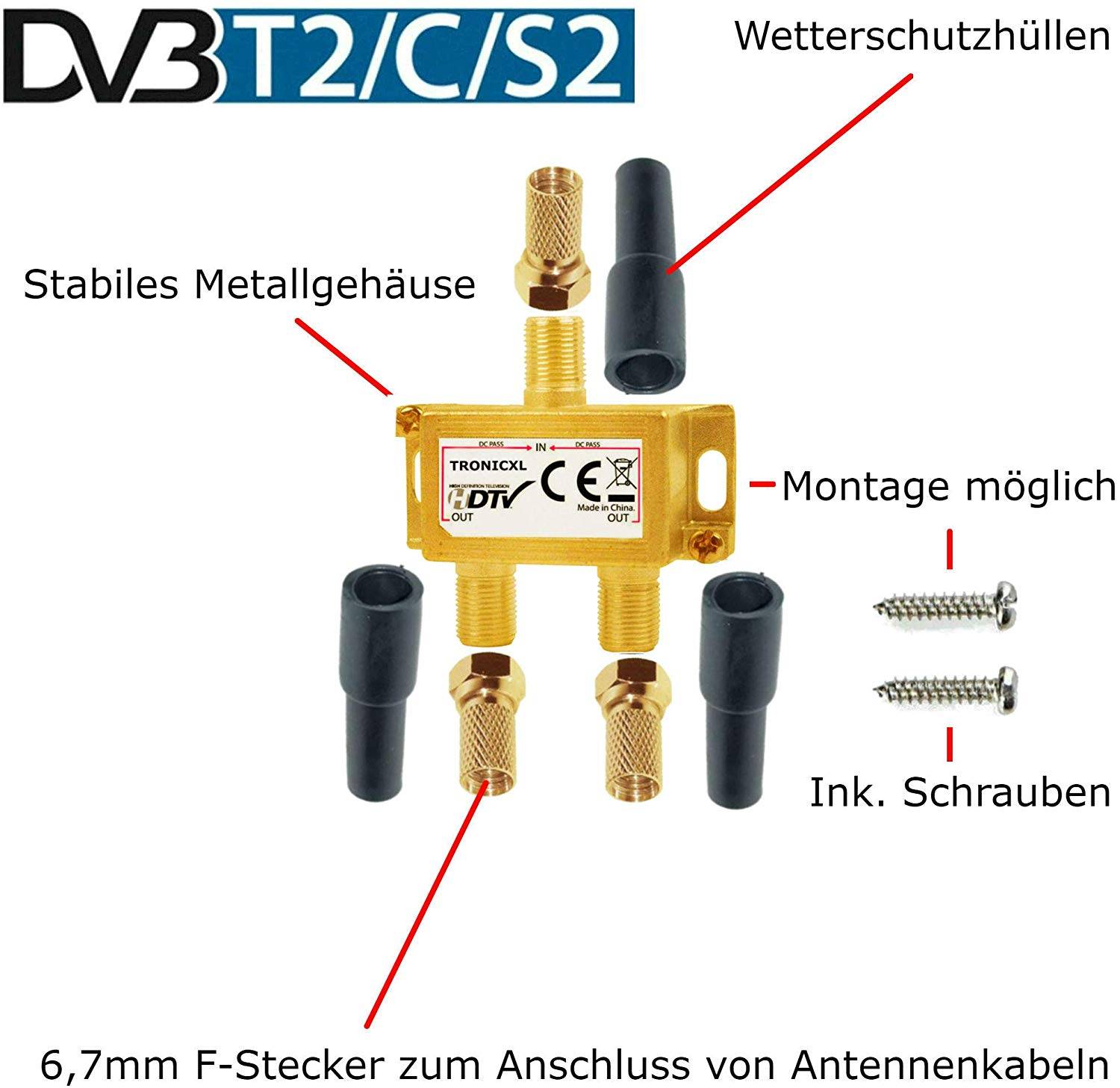 Sat Splitter 2-Fach + F-Stecker + Wetterschutz Kappe vergoldet SAT Verteiler Fernsehen Fernseher